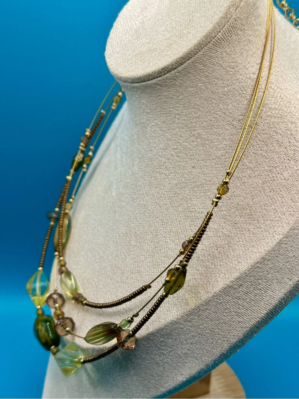 NWOT 3-Strand Beaded Illusion Olive Green and Amber Beaded Necklace